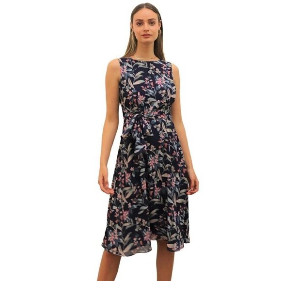 Atelier Dresses & Skirts - Atelier Women’s Navy Blue Floral Fit Flare Sleeveless Dress Sash Belt Size 12